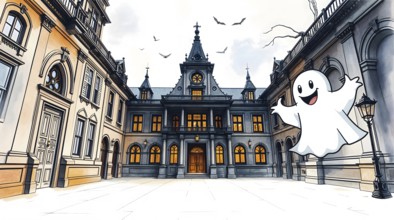 A captivating watercolor scene showcases intricate architecture with a cheerful cartoon ghost