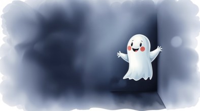 A cheerful cartoon ghost stands in the corner of an abstract room, surrounded by soft paint washes.