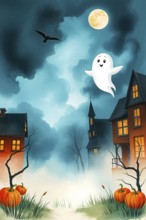 A cheerful cartoon ghost floats peacefully above spooky houses, surrounded by colorful pumpkins and