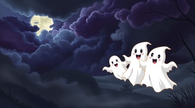 Three cheerful cartoon ghosts joyfully float through a dark and stormy sky on Halloween night.