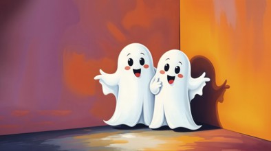 Two cartoon ghosts smile and gesture in a colorful room with orange and purple walls, watercolor