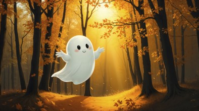 A cute white ghost joyfully floats in a serene autumn forest. Golden leaves are falling all around,