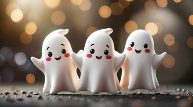 Three cheerful cartoon ghosts stand together, smiling brightly. Set against a gentle bokeh