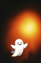 A cheerful cartoon ghost floats against a deep black background illuminated by warm light. This