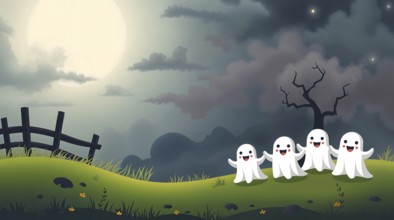 Cartoon ghosts joyfully dance in a field at night, surrounded by a wooden fence and a stormy sky.