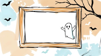 Doodle of a cartoon ghost in frame with white clean background, surrounded by bats, tree,