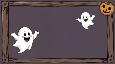 Cartoon ghosts in a wooden frame with a Halloween pumpkin on a dark purple background, conveying a
