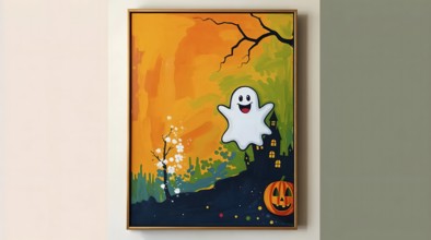Hanging on a wall picture of a cheerful ghost in front of a dark castle under a vibrant orange