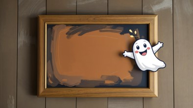 A playful white ghost smiles while presenting an empty painting in a wooden frame. The Halloween