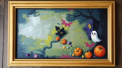 A picture with a painted lively abstract Halloween scene features a friendly ghost beside colorful
