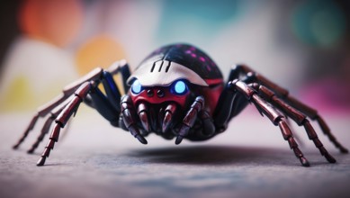 Futuristic robotic spider with glowing blue eyes against a colorful bokeh backdrop. AI generated