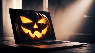 A glowing Halloween pumpkin with a spooky face is shown on a laptop screen. The warm light creates