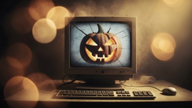 A vintage computer shows a cracked screen with a glowing jack-o-lantern face, creating a spooky