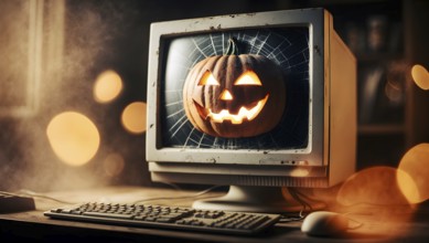 A carved pumpkin with a smiling face on a vintage computer screen. Soft lights and cobwebs create a