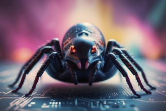 A robotic spider crawls over a circuit board with bright, colorful lights illuminating the scene