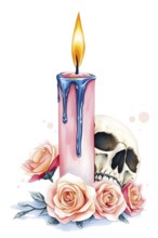 A pink candle burns brightly with blue wax dripping down its side. A human skull rests nearby,