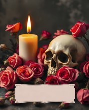 A warm candle flickers beside a skull, all set among vibrant dried roses. A blank card offers space