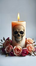 A striking gothic candle featuring a detailed skull design glows warmly at the center, encircled by