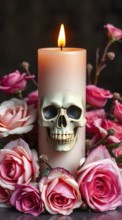 A lit gothic candle features a detailed skull design, surrounded by soft pink roses. The warm flame