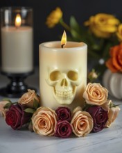 A carved skull candle surrounded by dried roses is placed on a white table. In the background, a