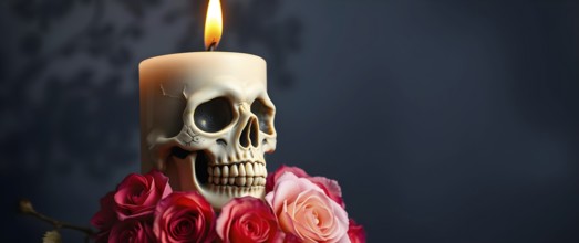 A skull candle flickers softly atop a bed of dried roses, creating a hauntingly beautiful display