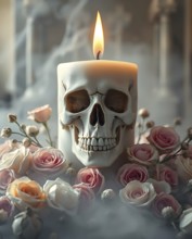 A gothic candle shaped like a skull burns brightly amidst dried roses, creating a hauntingly