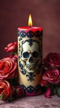A striking skull-adorned ornamented candle glows with a warm flame, surrounded by vibrant red roses