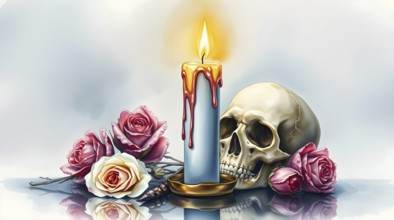 A blue candle burns steadily with melting wax dripping down, placed next to a human skull. Soft