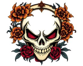 A striking design features a skull surrounded by vibrant flowers, blending elements of life and