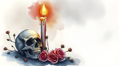 A candle burns softly next to a skull, surrounded by delicate roses, watercolor painting style. The