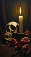 A glowing candle stands beside a golden skull, surrounded by red roses. The painted scene is dimly