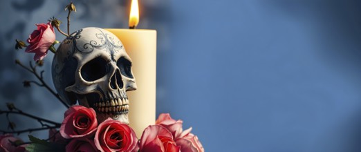 A detailed skull is surrounded by vibrant pink roses and a lit candle. This setting creates a
