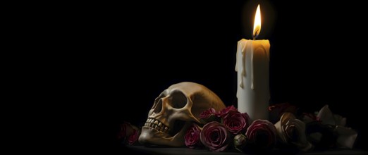 A gothic candle melts wax onto an old skull, with dried roses decorating the scene. The intense