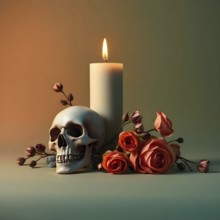 A white skull sits next to a lit candle and fresh roses, arranged elegantly on a softly lit surface