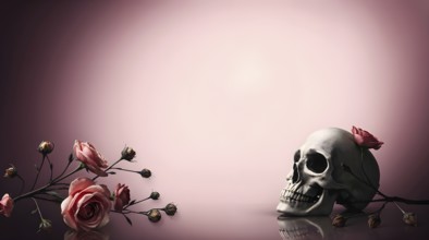 A candle stands beside an old skull adorned with dried roses against a soft pink backdrop. This