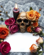 A gothic candle flickers beside a golden skull, while vibrant dried roses create an elegant border