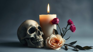 A skull beside a lit candle and roses creates a dark, moody still life with warm, mysterious