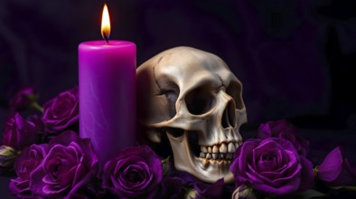 A human skull sits next to a glowing purple candle, surrounded by vibrant purple roses on a dark