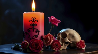 A colorful candle, adorned with patterns, sits beside vibrant roses and a realistic skull on a dark