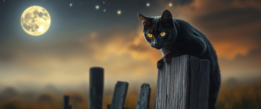A black cat with striking yellow eyes sits gracefully on a weathered wooden post. The bright full