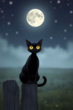 A black cat with bright yellow eyes sits on an old fence post. The full moon shines brightly