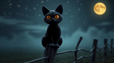 Black cat sits on a wooden fence under a glowing yellow full moon in the night sky. AI generated
