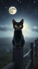 A black cat with striking orange eyes sits confidently on a wooden post. The full moon casts a soft