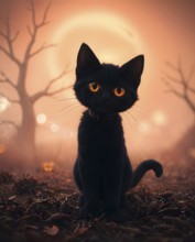 Black kitten with orange eyes sitting in a spooky forest under a full moon at dusk on Halloween.