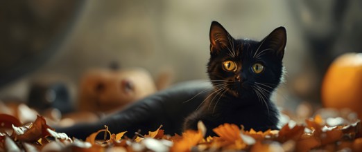 Black cat lies among colorful autumn leaves and pumpkins in an autumn park or forest, creating