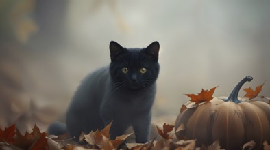 Black cat standing beside a pumpkin on the ground covered with fallen autumn leaves in misty forest