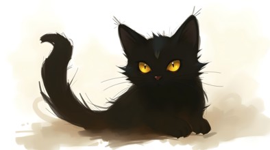 A cute black cat with striking yellow eyes painted in a cartoon style on a soft background. AI