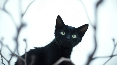 A black cat with green eyes surrounded by blurred twisted branches, showcasing its curiosity and