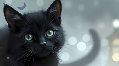 Cute black cat with bright green eyes and a small purple butterfly on its head in a soft, dreamy