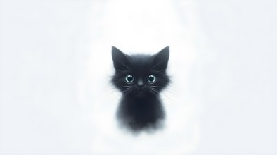 A cute black cat with large eyes set A small black kitten with large blue eyes sits in a soft mist